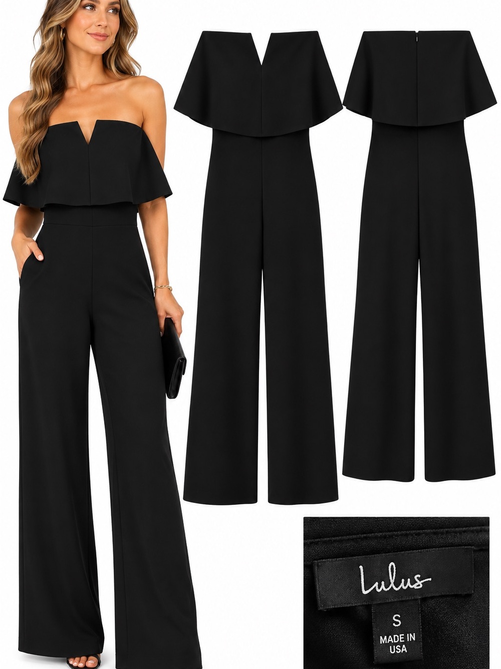 Lulus Black Off Shoulder Cape Wide Leg Jumpsuit Size Small Made in USA